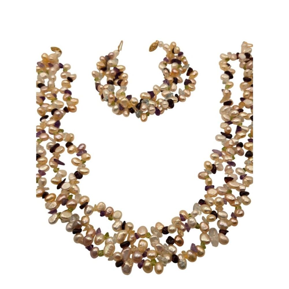Vintage Freshwater Pearl Gemstone Necklace Bracelet Set Multicolor 14K Gold Clas